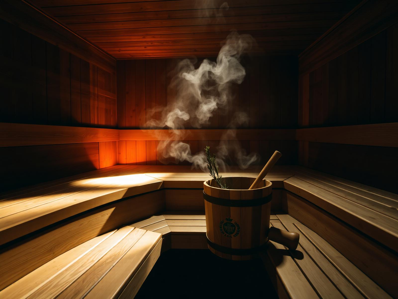 Warm cedar sauna interior with bucket and rosemary branch